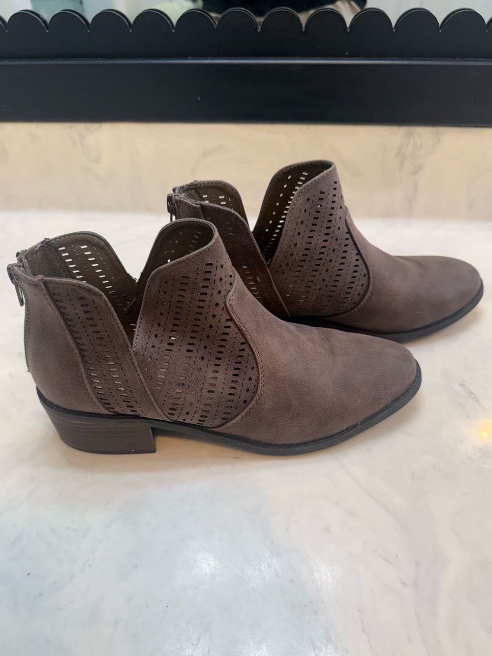 New Directions Brown Perforated Suede-Look Ankle Booties